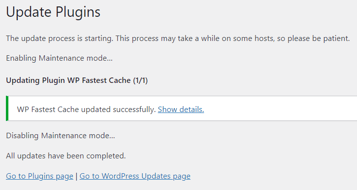 Pesan update plugin sudah selesai