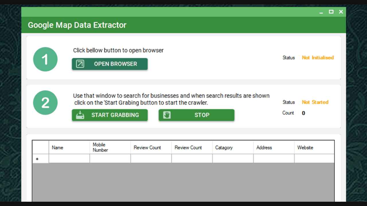 Ekstraktor Data Google Map. Mengekstrak data dari Google Map dan Mengirim Pesan Massal ke nomor tersebut