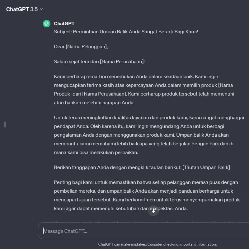 chatgpt prompt permintaan umpan balik