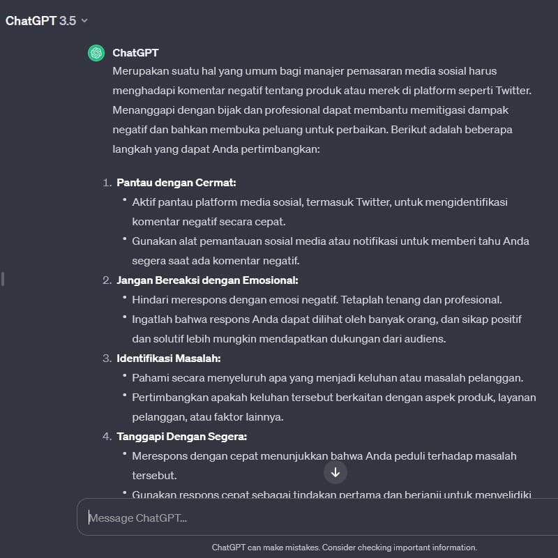 prompt chatgpt untuk mendapatkan tanggapan terhadap komentar negatif di media sosial