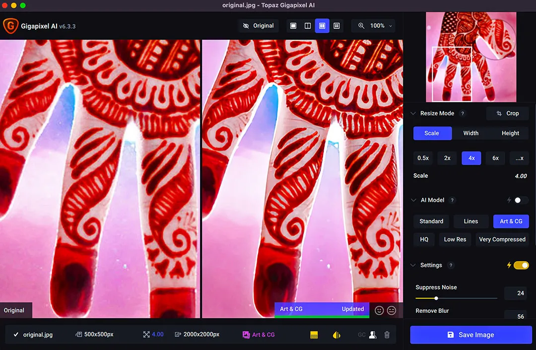 Perbandingan berdampingan Gigapixel AI dari gambar asli dan gambar yang ditingkatkan