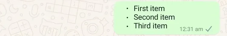 Bulleted List text whatsapp formatting