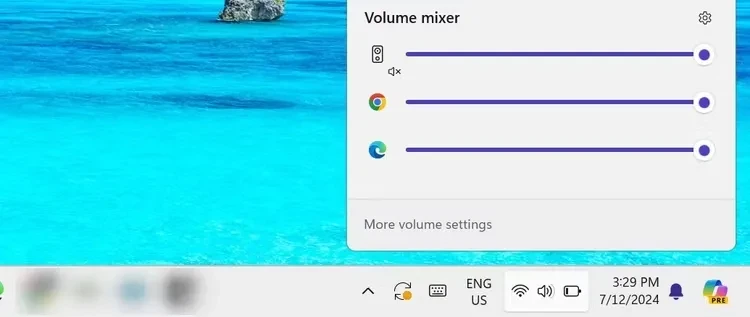 Mengakses volume mixer dari menu suara di system tray
