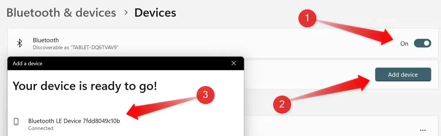 Memasangkan perangkat melalui Bluetooth di aplikasi Settings Windows.