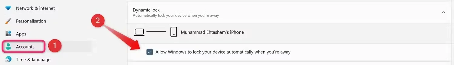 Mengatur fitur dynamic lock di aplikasi Settings Windows.