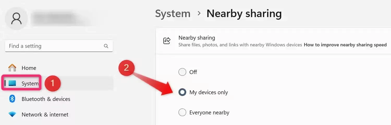 Mengaktifkan Nearby Sharing di aplikasi Settings Windows.