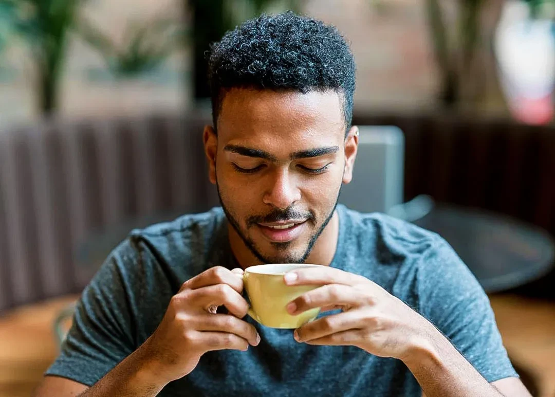 3 man looking at coffee cup
