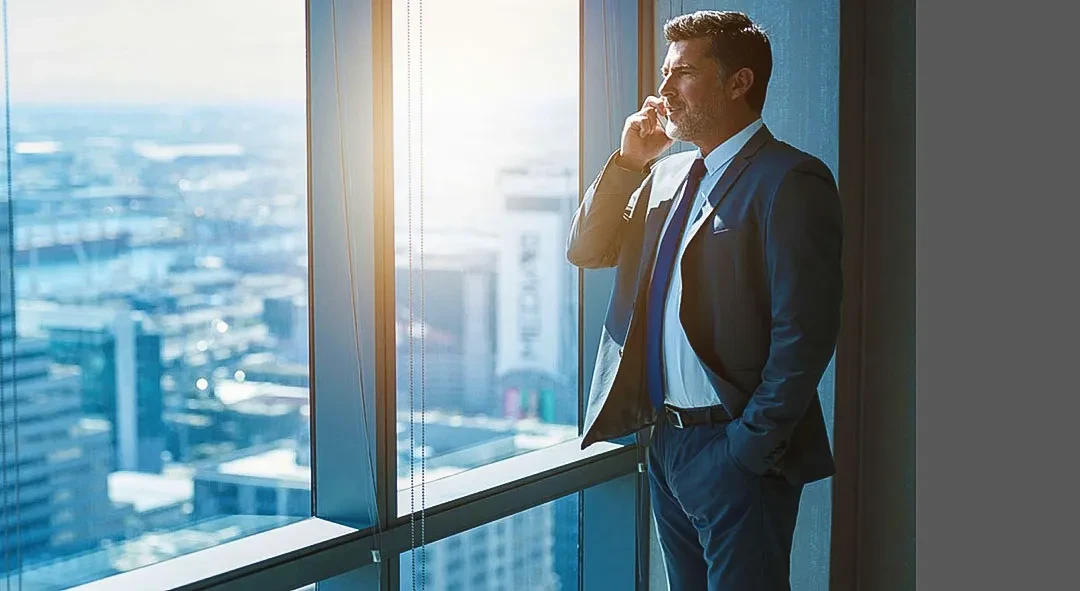 2 CEO 2 standing at window of high building looking out window on smartphone Shutterstock 446615542