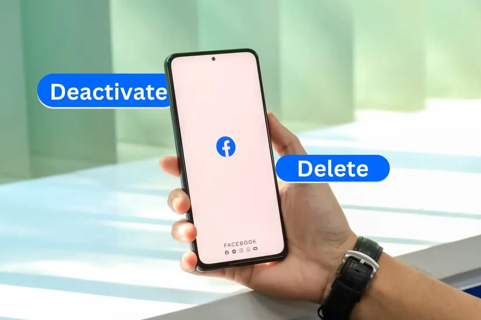 02 a smartphone with the facebook app held in someone s hand and deactivate and delete buttons