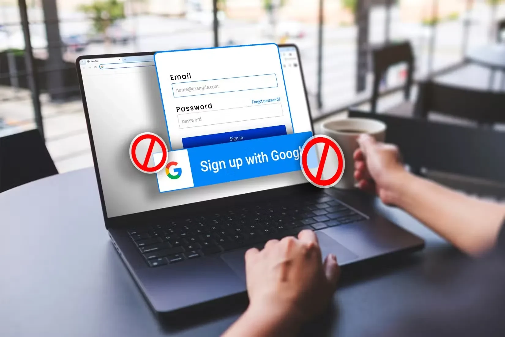 03 a person using a laptop with a login window and the sign up with google button crossed out