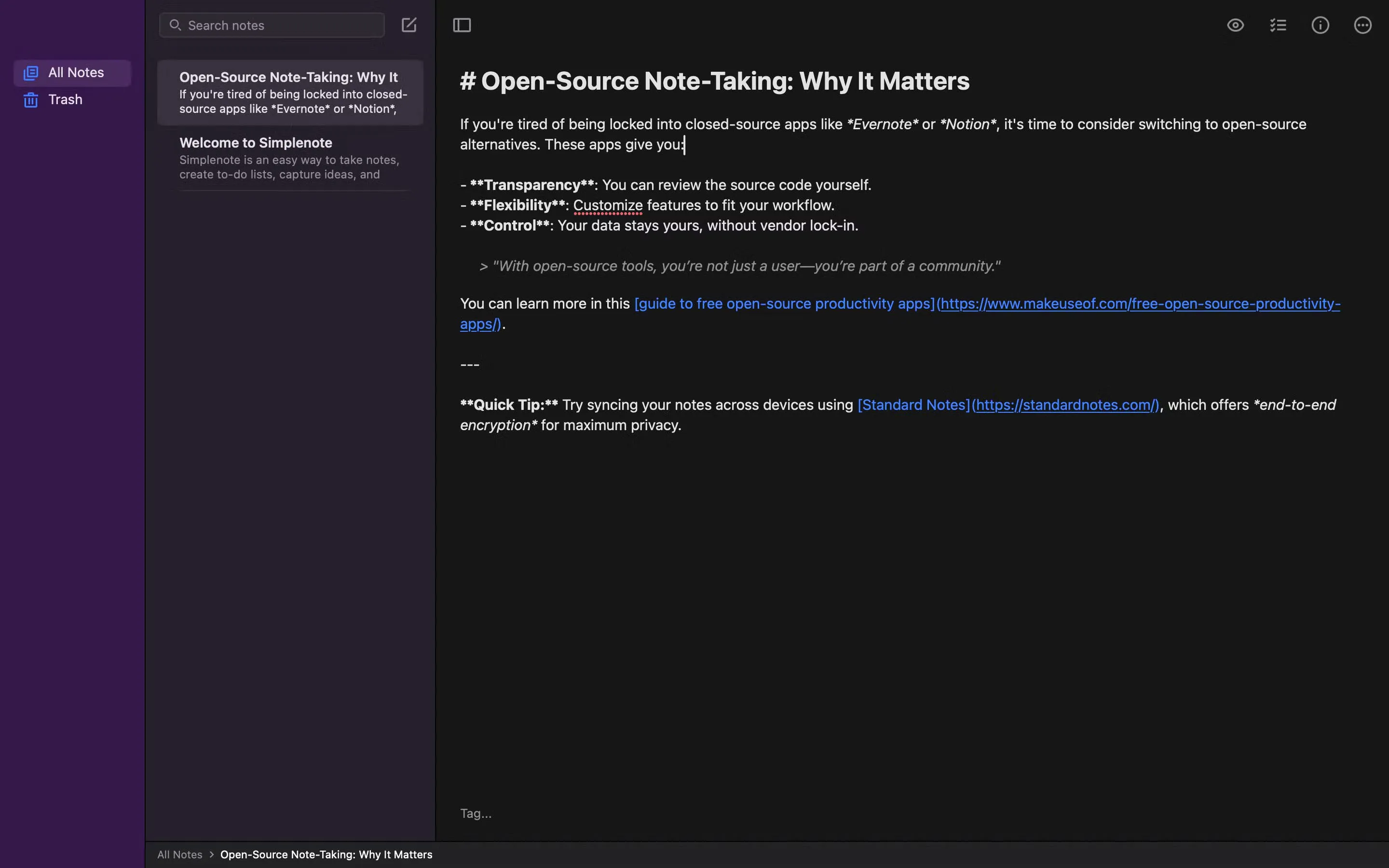 01 writing a note in markdown format in simplenote