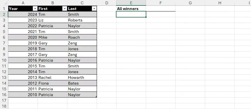 03 an excel table with years in column a first names in column b and last names in column c
