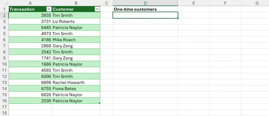 05 an excel table with transaction ids in column a and customer names in column b