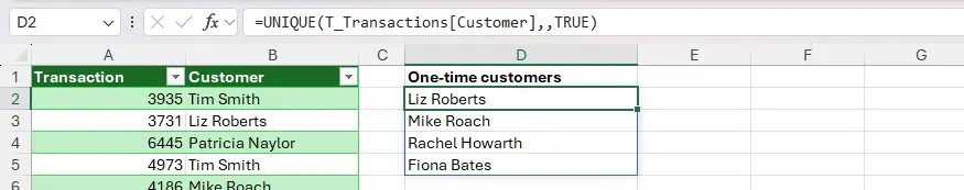 06 the final argument of the unique function in an excel spreadsheet is true meaning only values that appear once are returned in the result