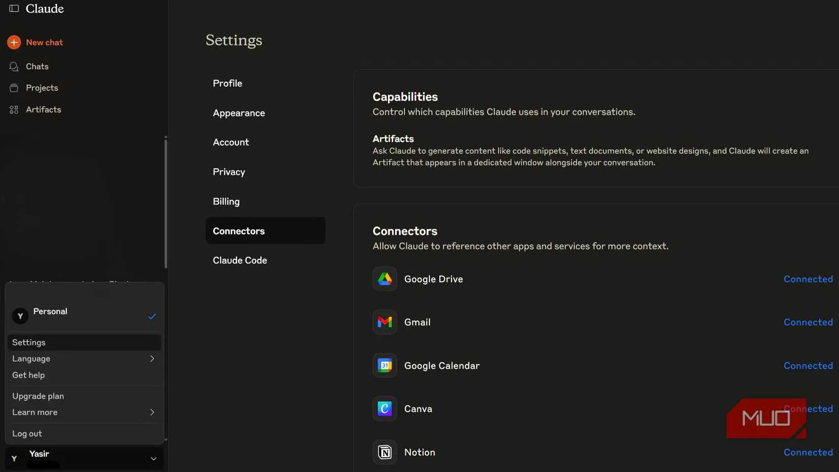 Claude connector settings showing connected apps
