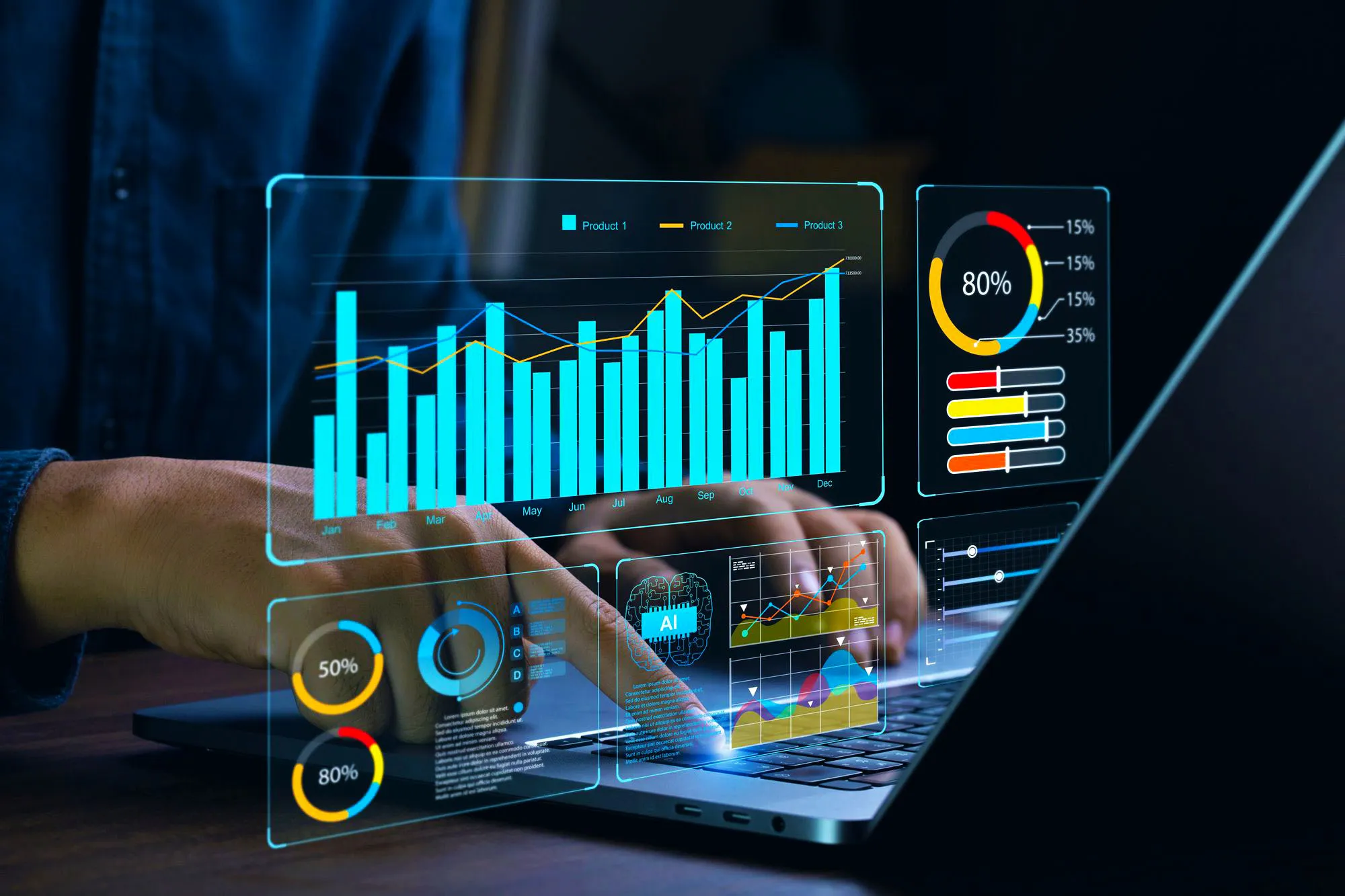 Admin analis memantau dashboard data di layar besar