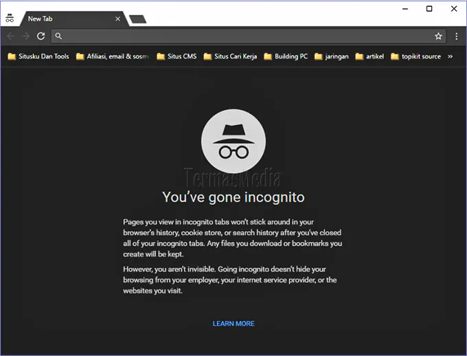 Tampilan mode incognito di browser Chrome sebagai contoh
