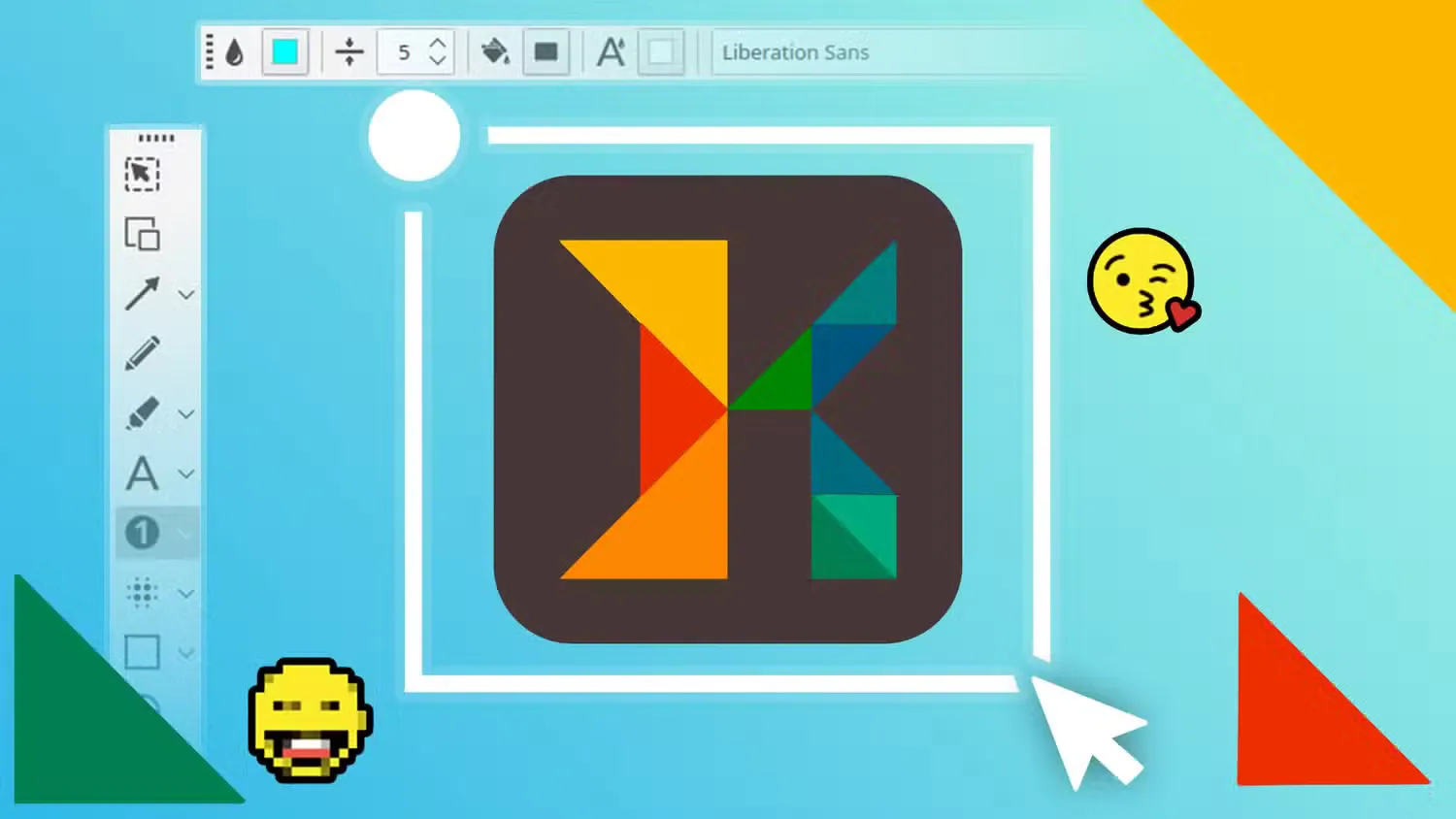 ksnip logo in a stylized interface with toolbar icons a white cursor and decorative emojis