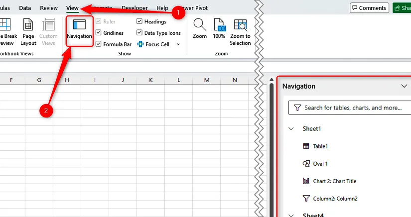 the navigation button in excel s view tab is clicked and the navigation pane appears on the right side of the screen
