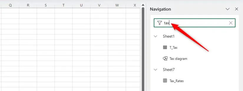 tax is typed into excel s navigation pane search bar and all related objects tables and ranges appear in the result